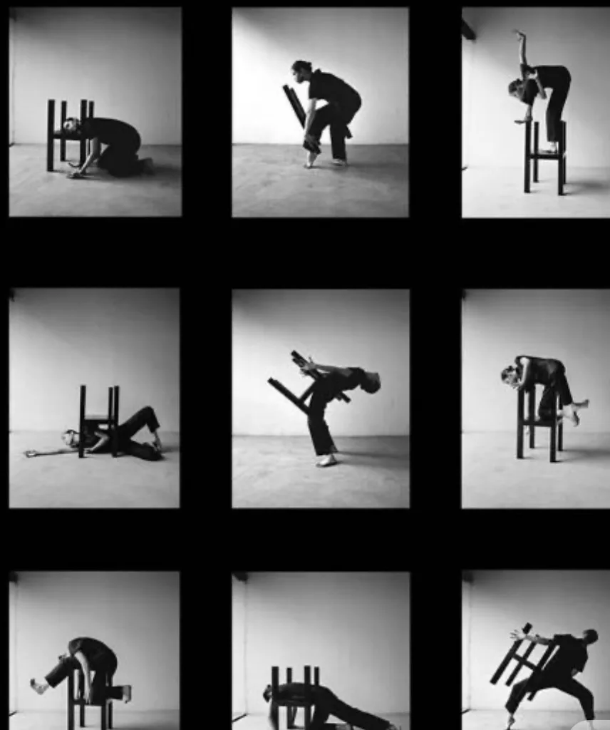 A grid of black-and-white photos of a dancer moving over, under, and around a wooden chair.