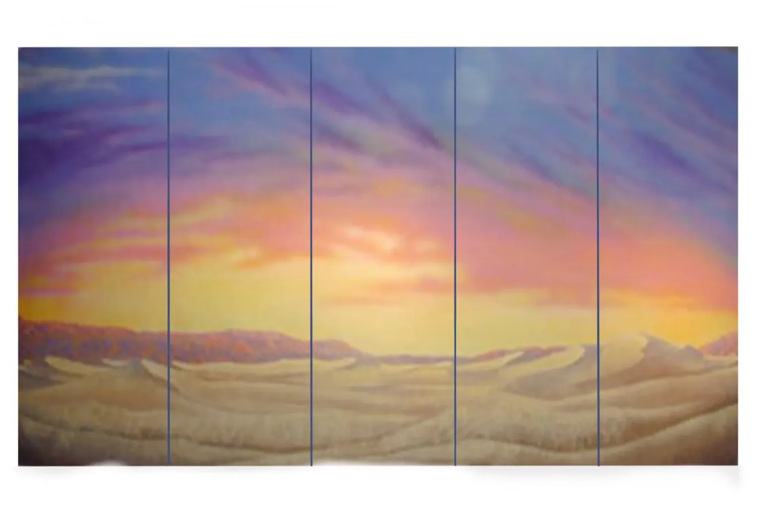 Painted mockup of a desert landscape under a sunset sky, split into vertical panels.